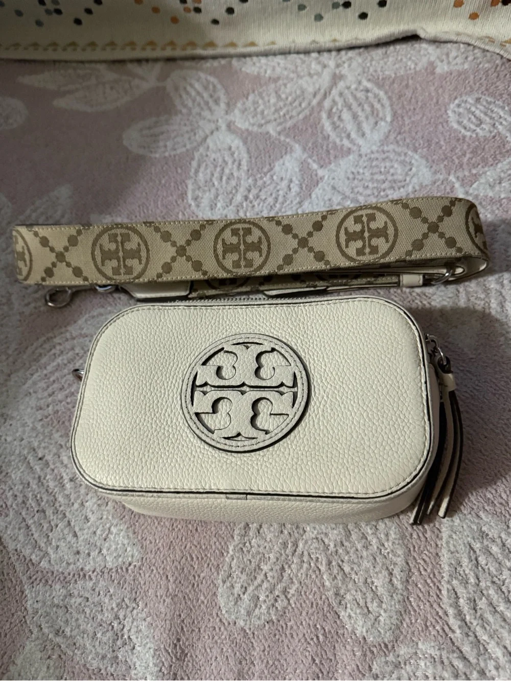 Tory Burch Ivory Leather Crossbody Camera Bag with Logo Strap